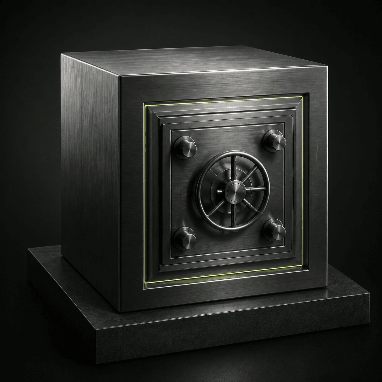A graphite steel vault with a fine lime-lit edge, representing a stronger line of defence